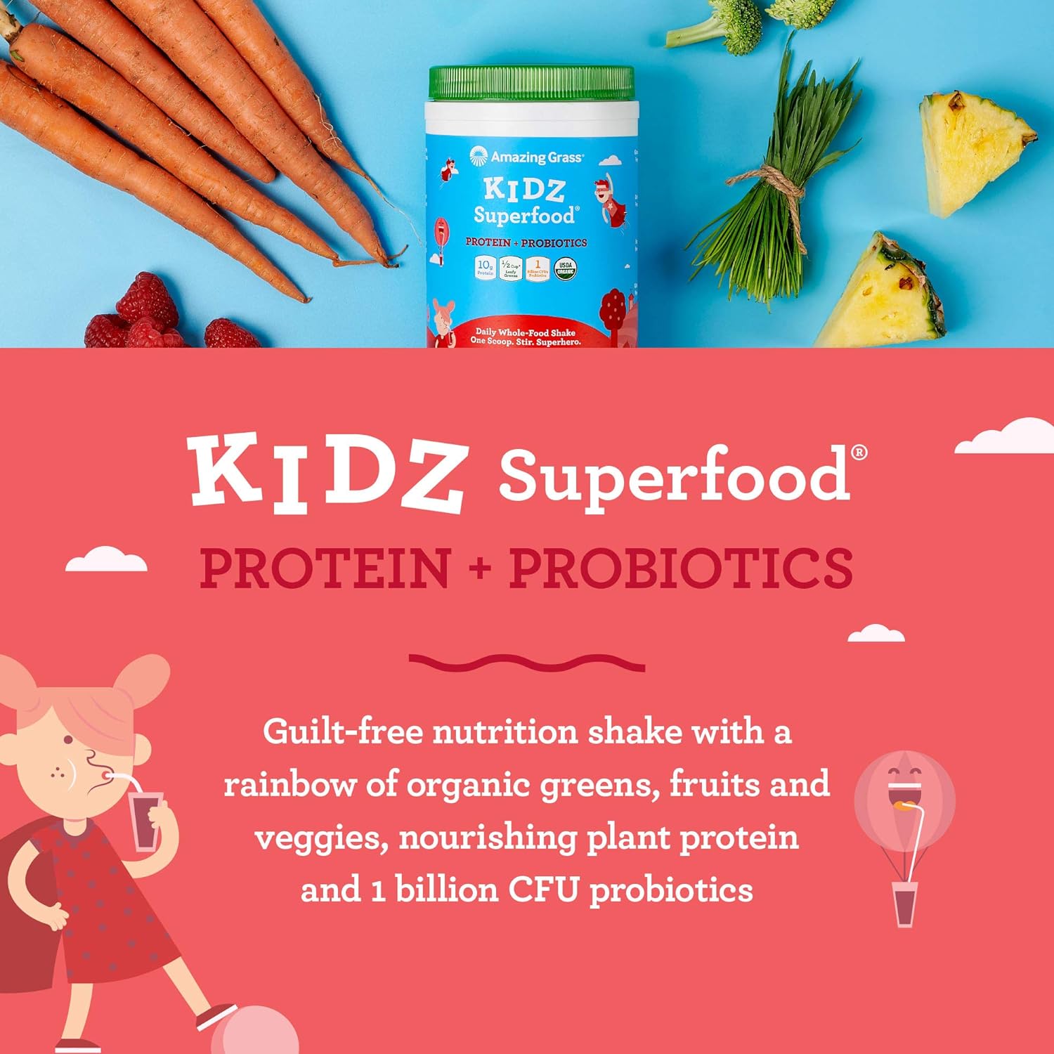 Amazing Grass Kidz Superfood: Organic Greens, Fruits, Veggies, Beet Root Powder & Probiotics for Healthy Kids, Outrageous Chocolate, 30 Servings, 6.35 Ounce (Pack of 1) - Image 7